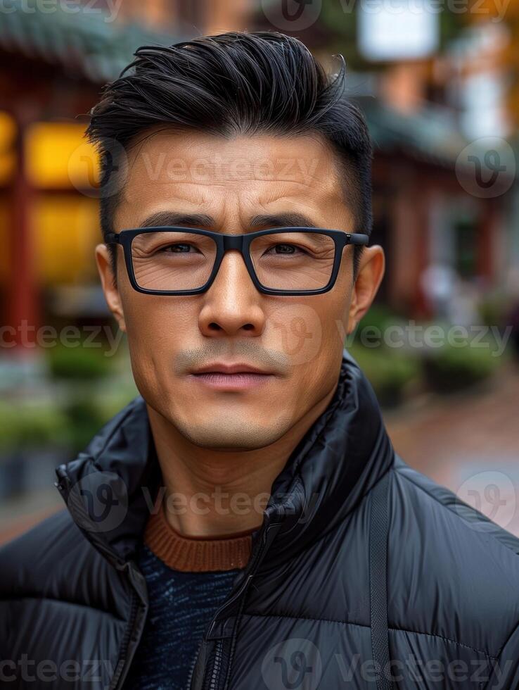A man with dark hair and glasses stands in a city street, looking directly at the camera photo