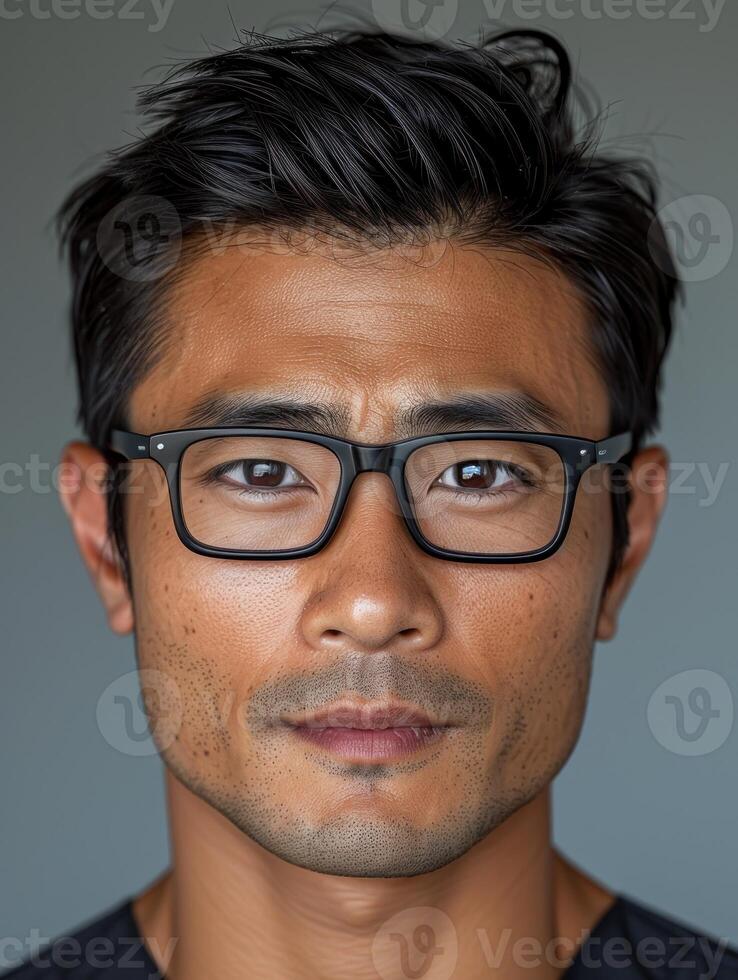 A close-up portrait of a man with dark hair wearing glasses photo