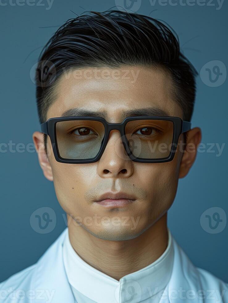 A young man wearing square-framed glasses stares intently at the camera photo