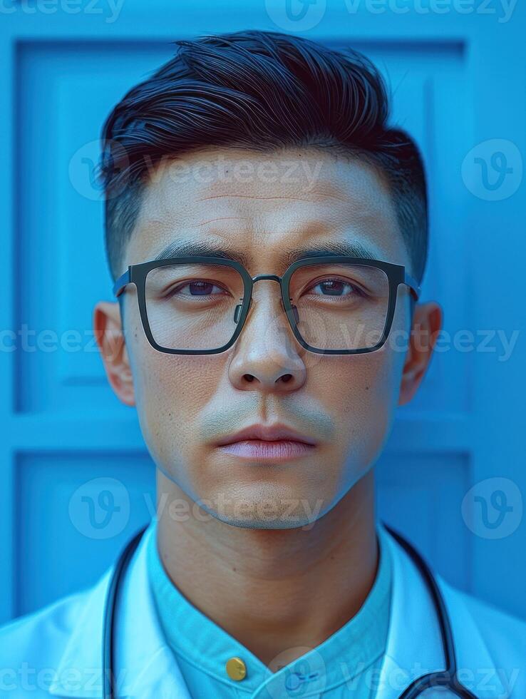 A close-up portrait of a doctor with a focused expression photo
