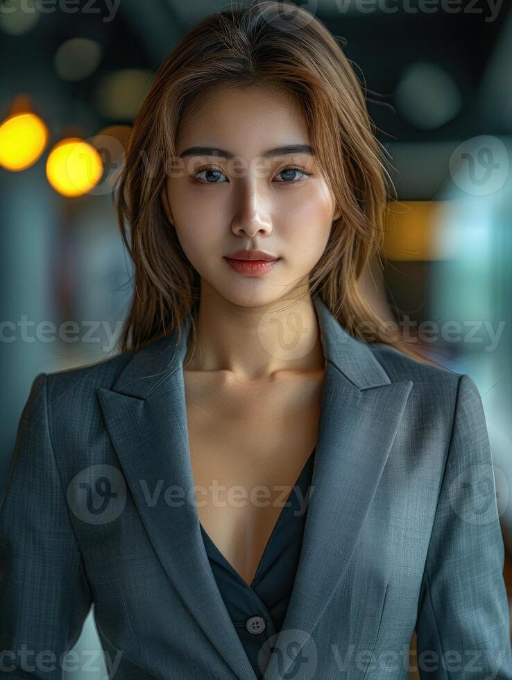 A woman in a gray blazer looks directly at the camera photo