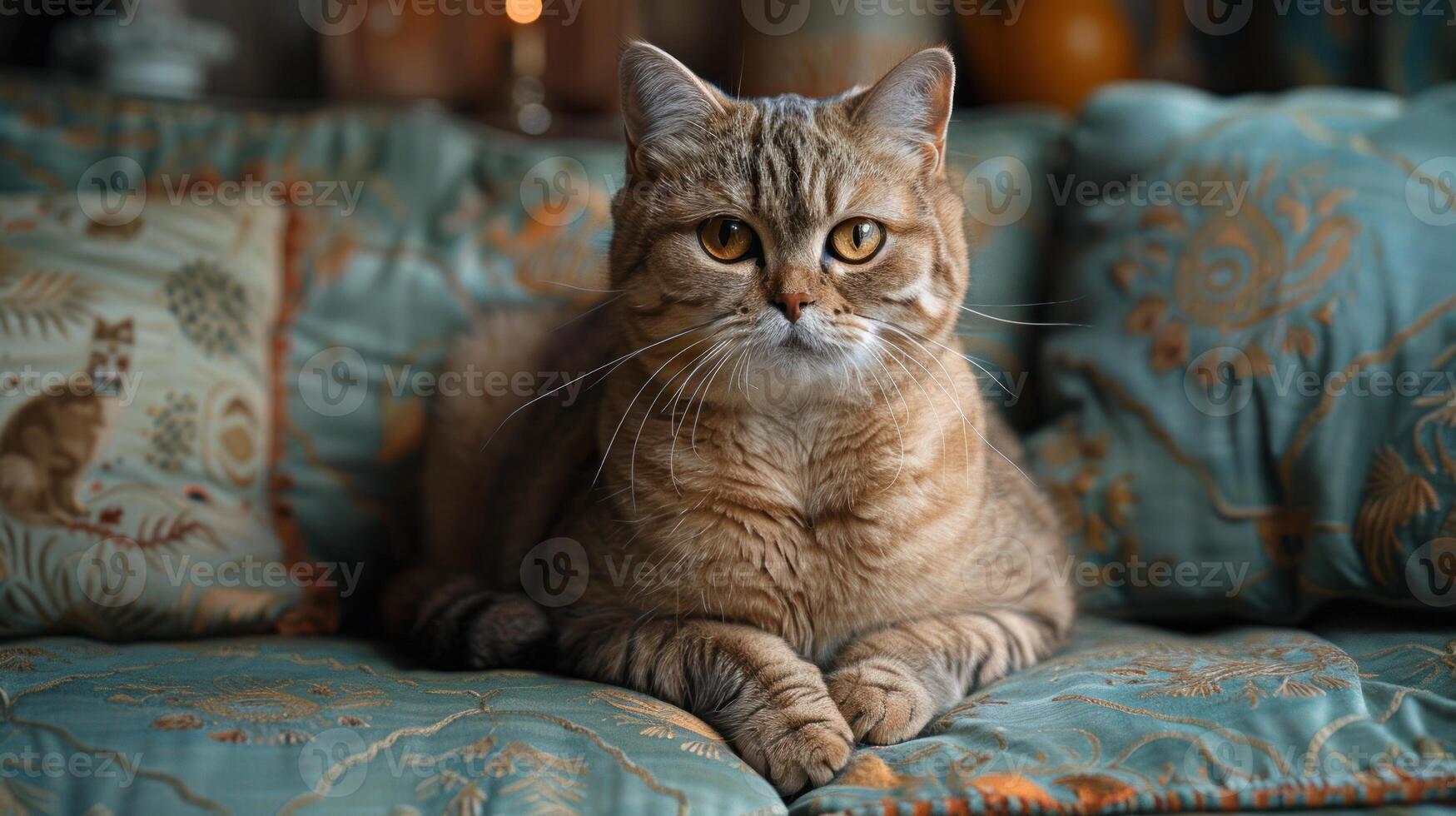 A tabby cat relaxes on a blue couch with floral patterns photo