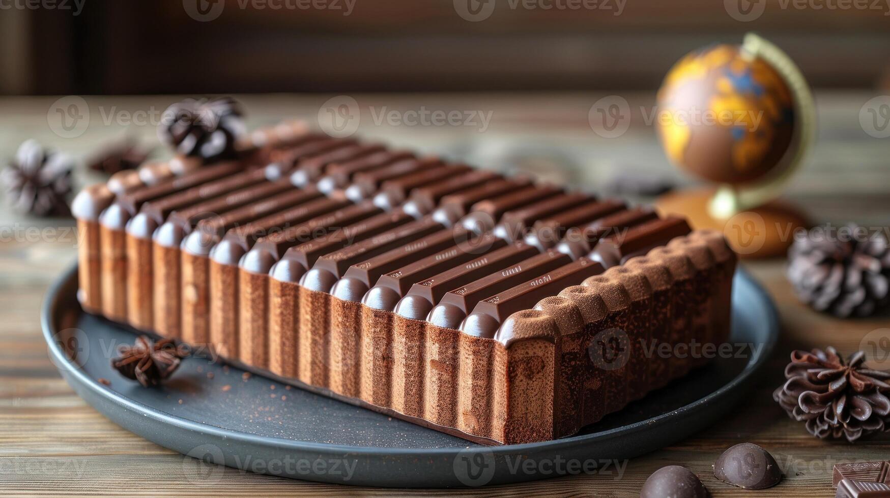 A chocolate cake topped with chocolate bars sits on a plate photo