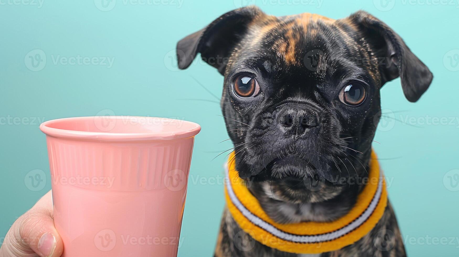 A black and brown dog with a yellow collar looks longingly at a pink cup photo