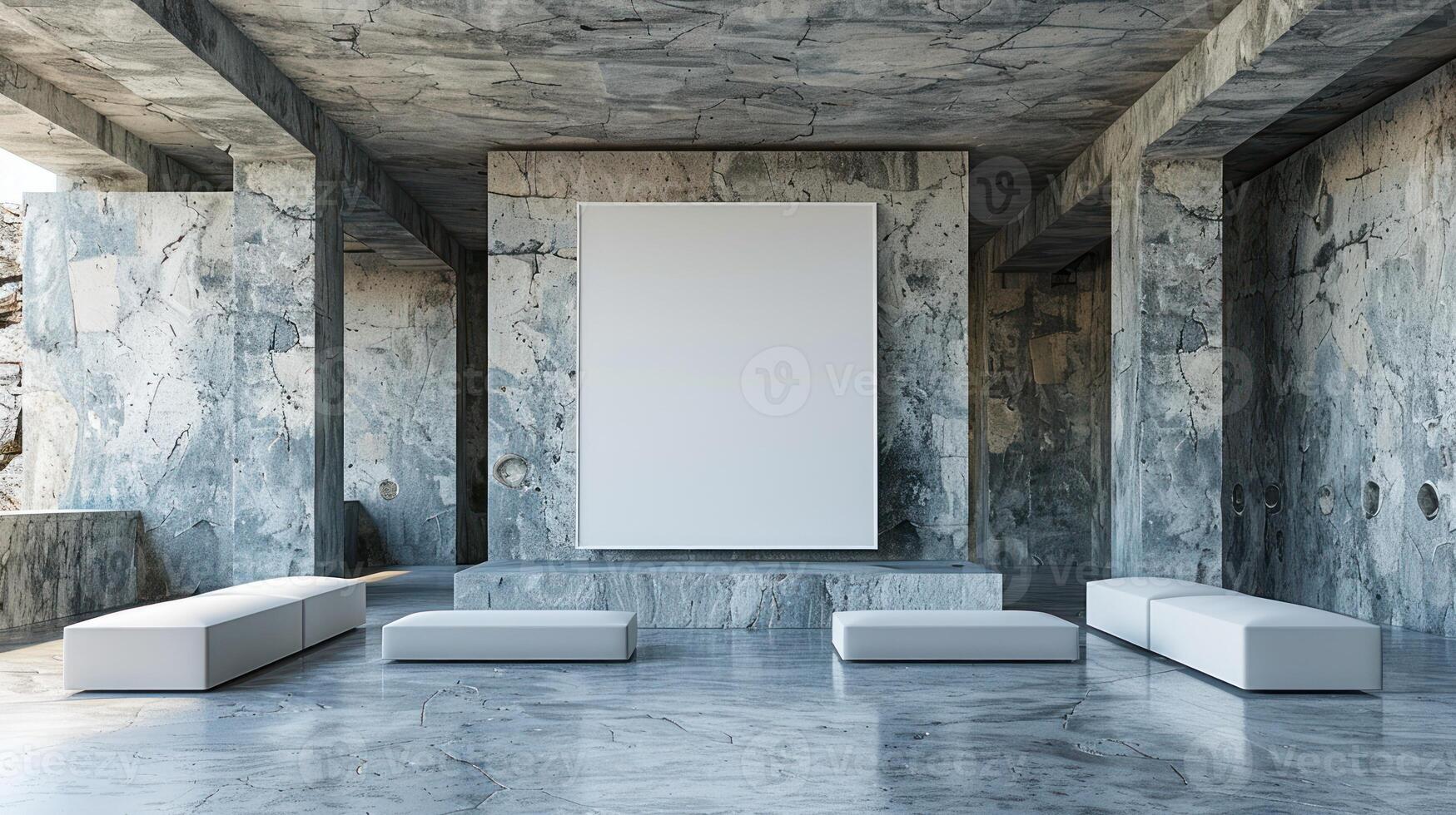 Empty gallery space with a large white canvas and three white benches photo