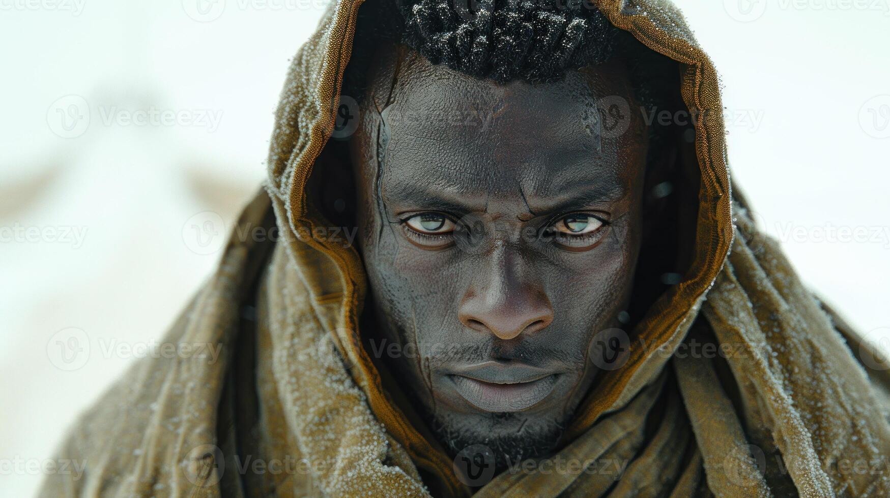 A man stares into the camera, his face partially obscured by a hooded cloak photo