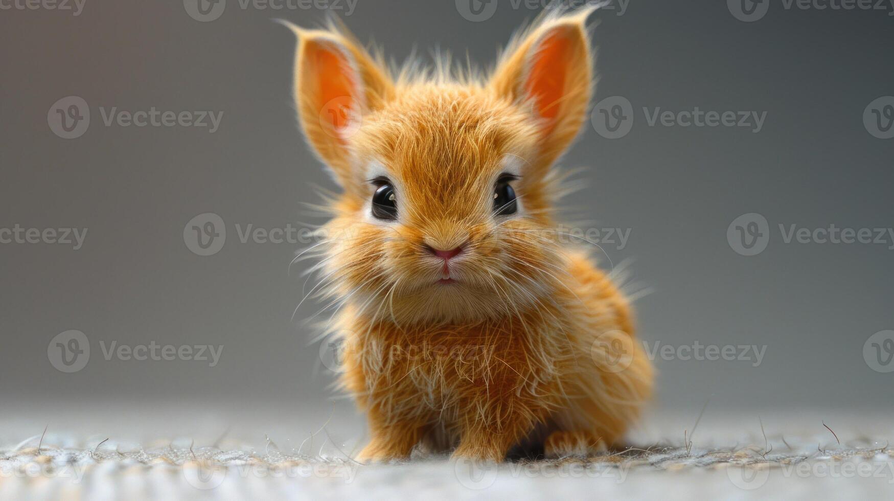 A small, fluffy bunny sits on a soft surface, looking directly at the camera photo