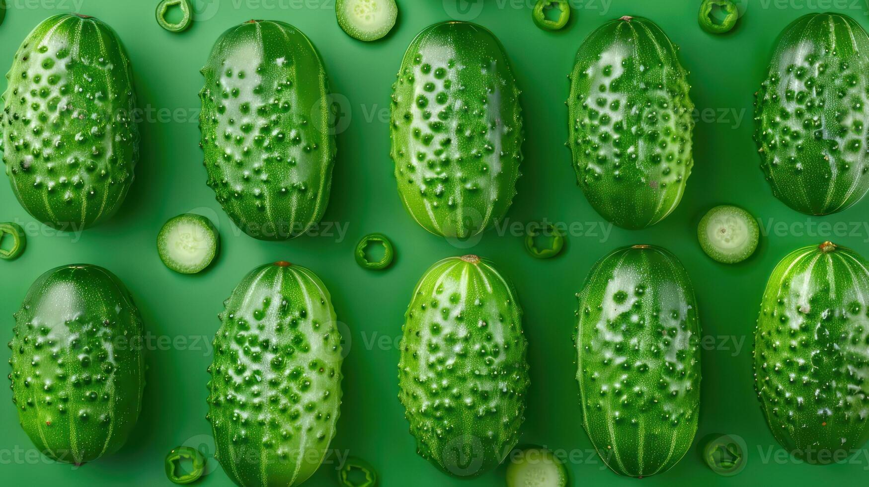 Green cucumbers arranged in a pattern photo