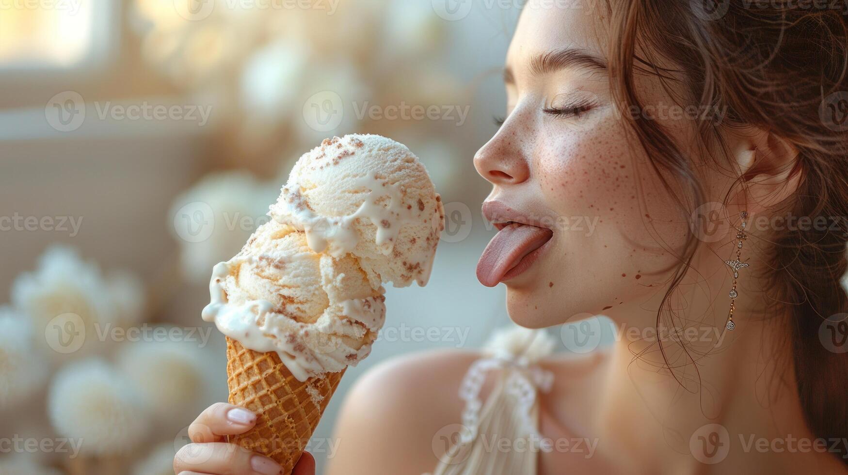 A woman with freckles enjoys a delicious ice cream cone on a warm summer day photo