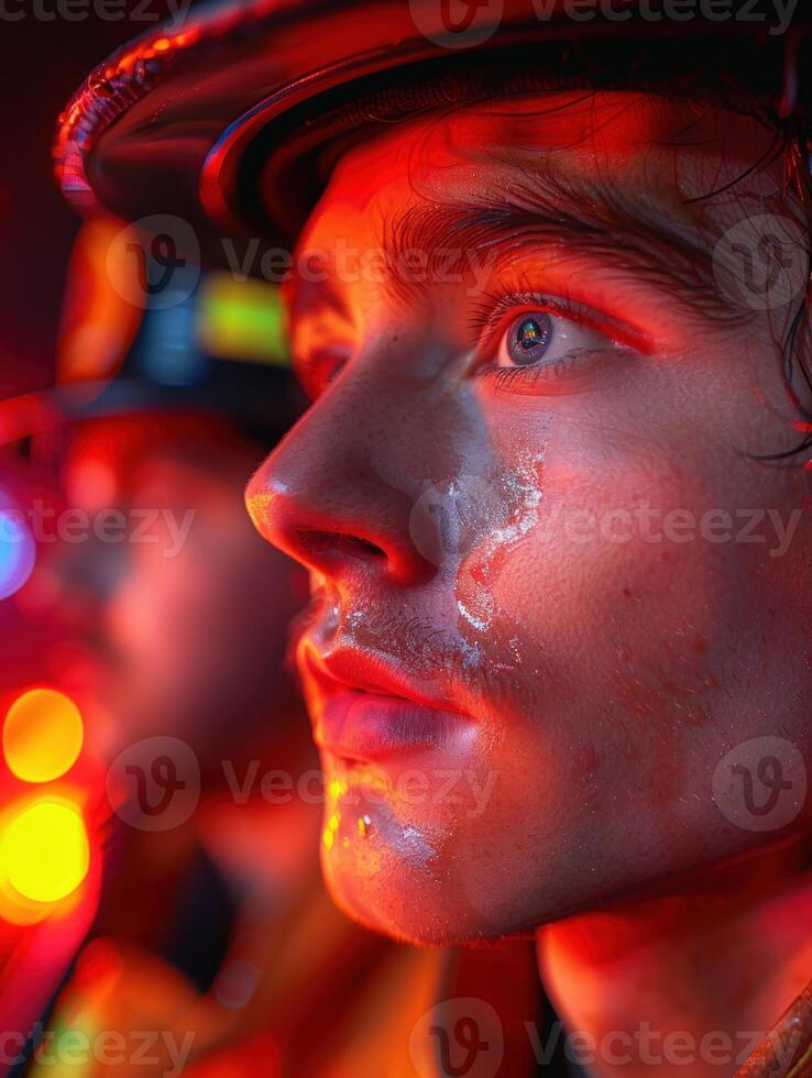 Close-up portrait of a firefighters face illuminated by red and blue emergency lights photo