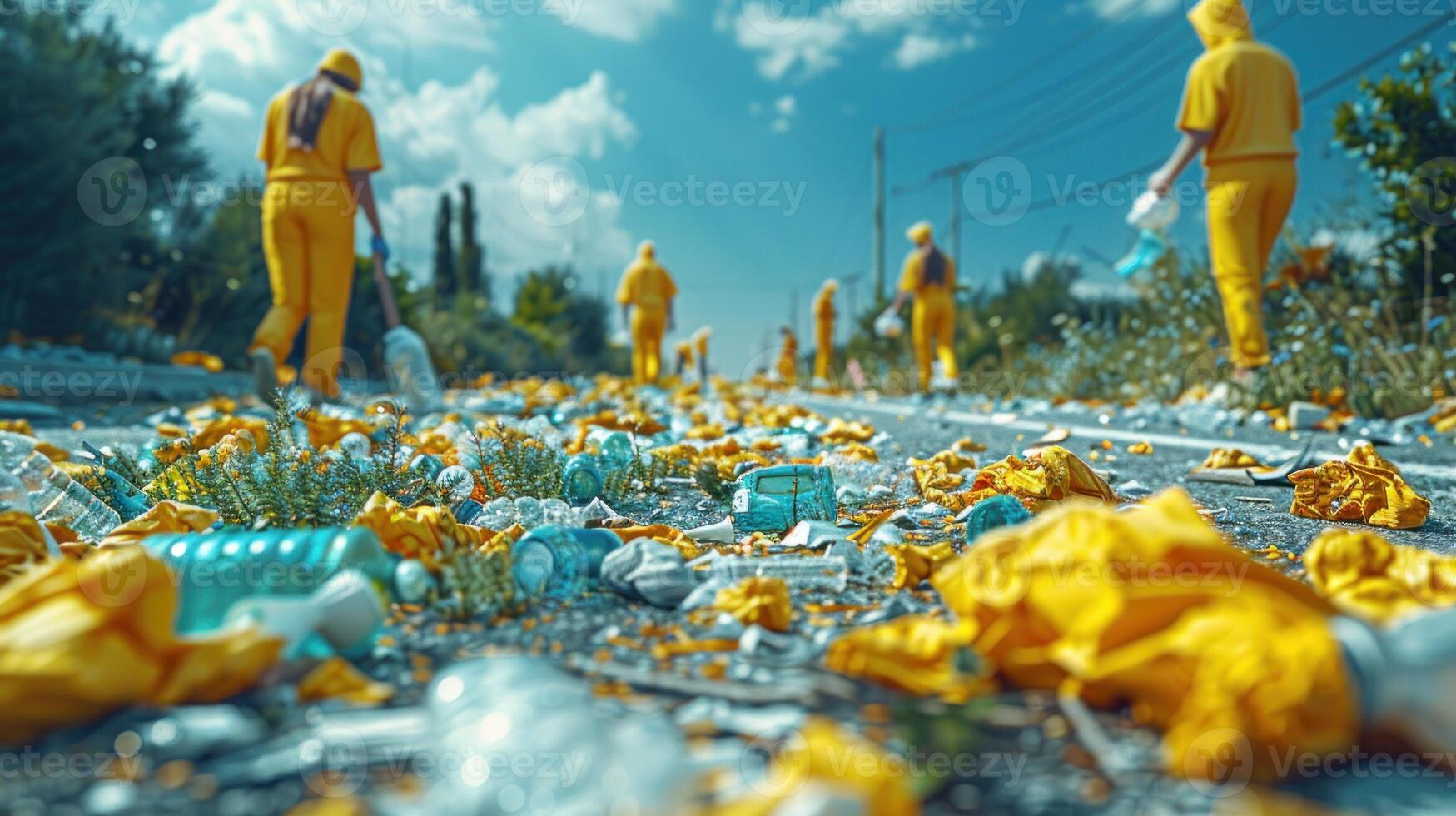 Volunteers in yellow jumpsuits clean up littered road photo