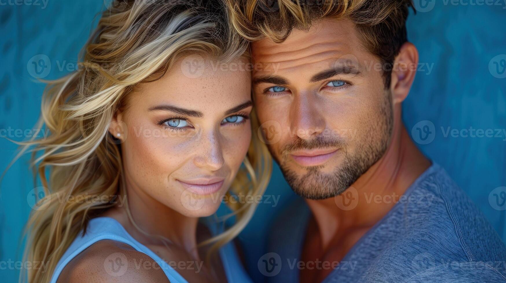 A close-up portrait of a young couple with blue eyes, looking directly at the camera photo