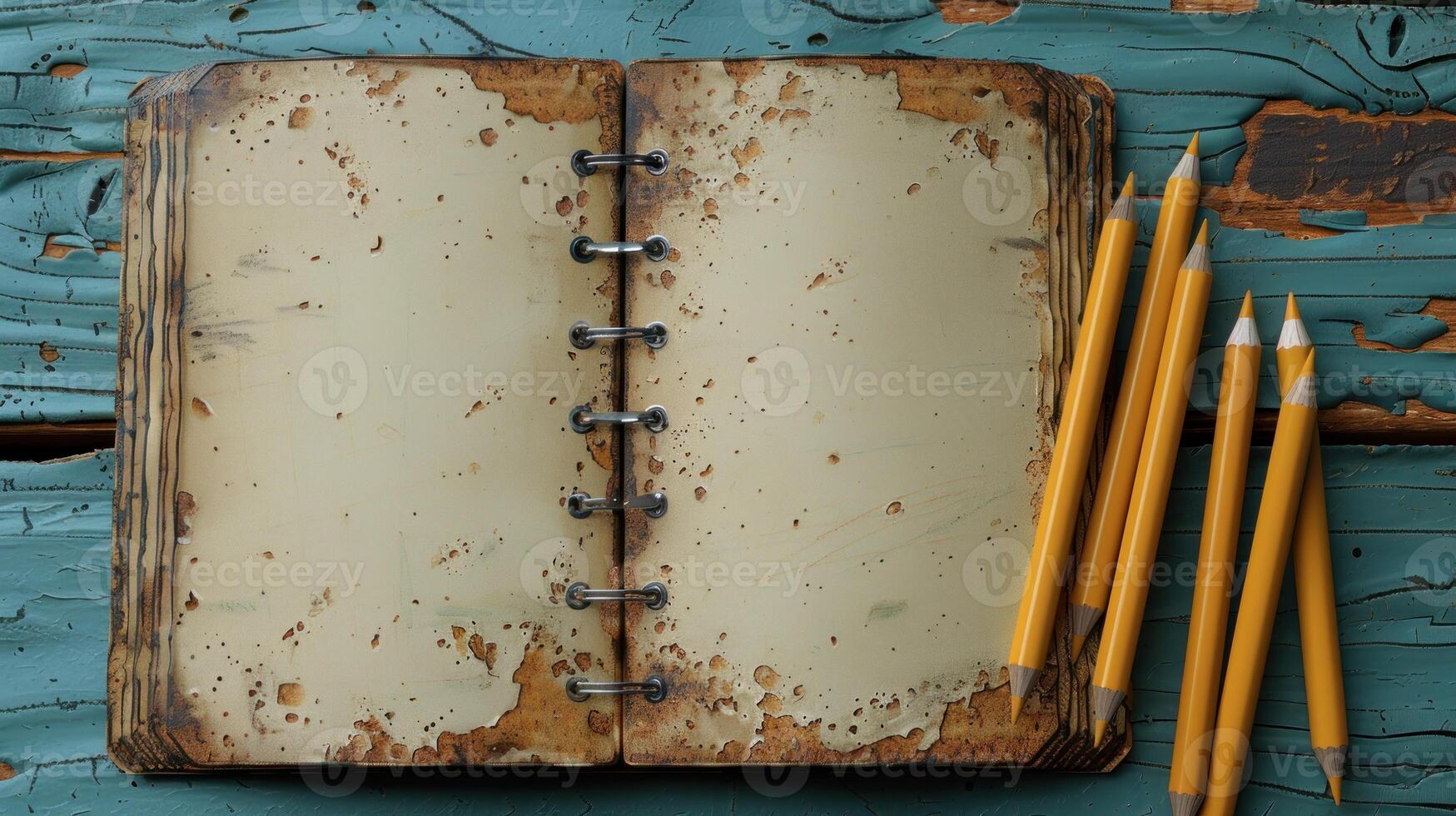 A vintage notebook rests open on a rustic wooden table, inviting creativity photo