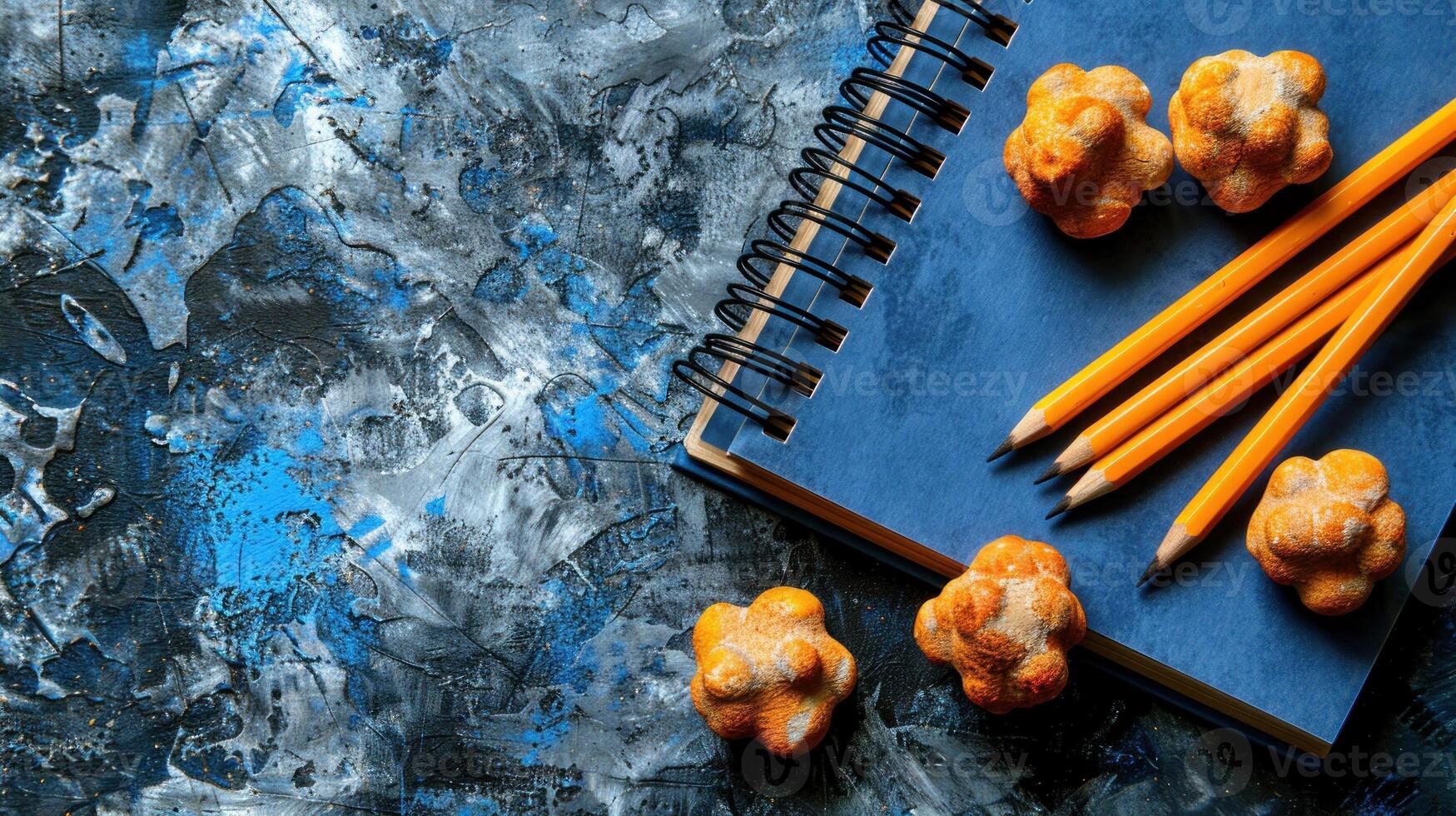 Close-up of a notebook, pencils, and abstract forms on a blue background photo