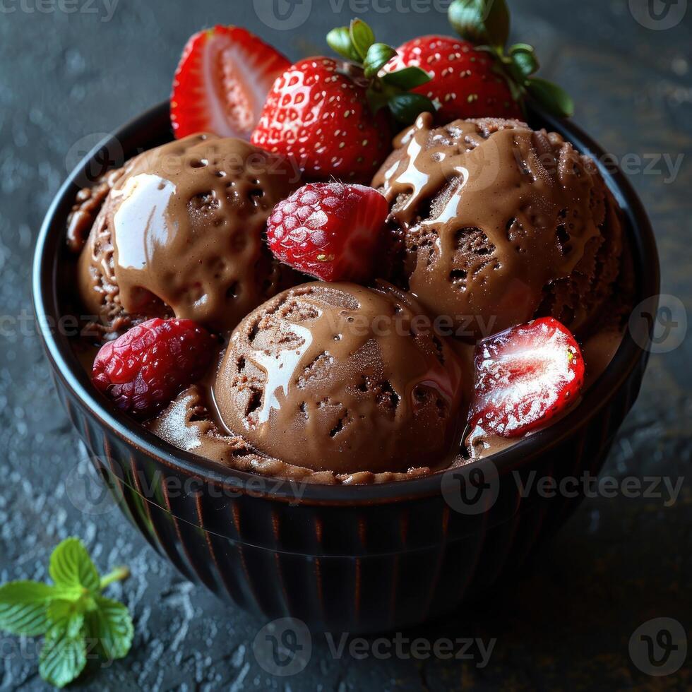 Chocolate ice cream topped with fresh strawberries and raspberries photo