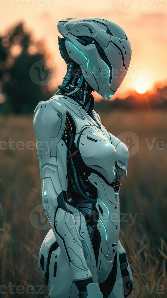 A white robot in helmet stands in field at sunset photo