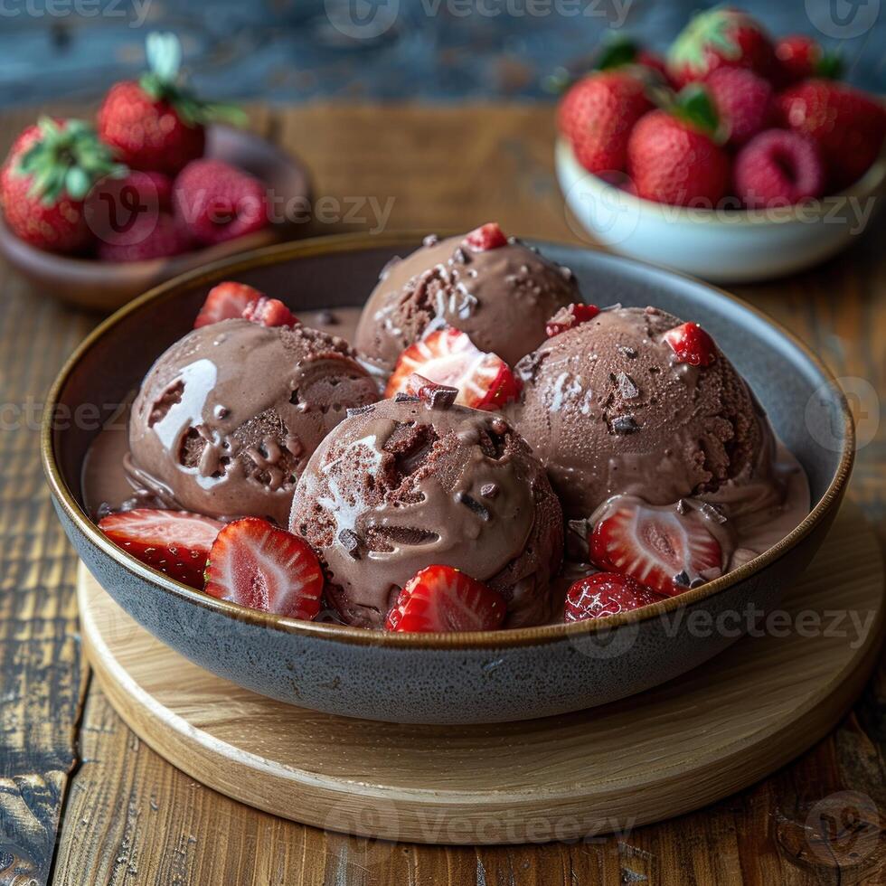 Chocolate ice cream with strawberries and chocolate sauce in a grey bowl photo