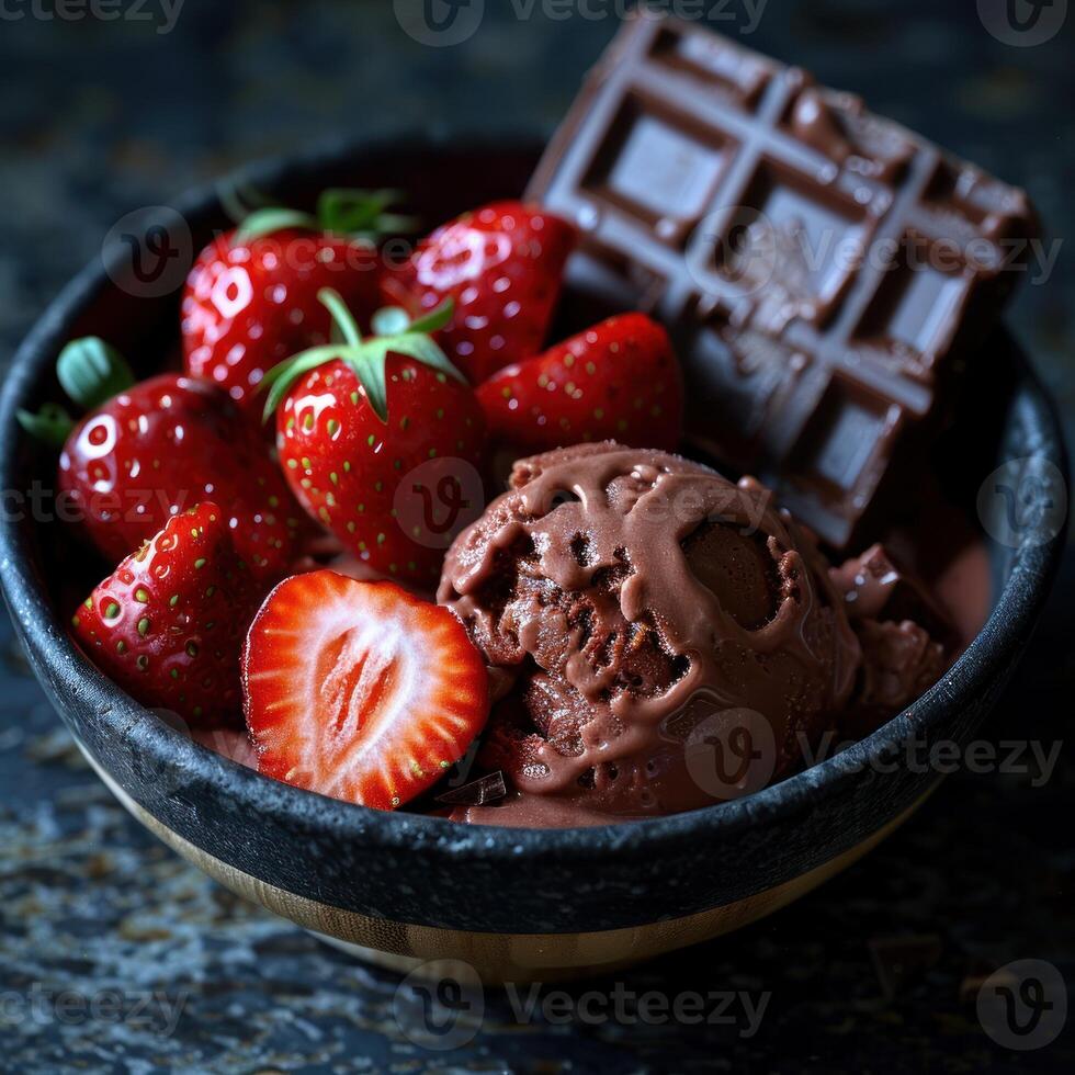 Dark chocolate ice cream with strawberries, dark chocolate photo