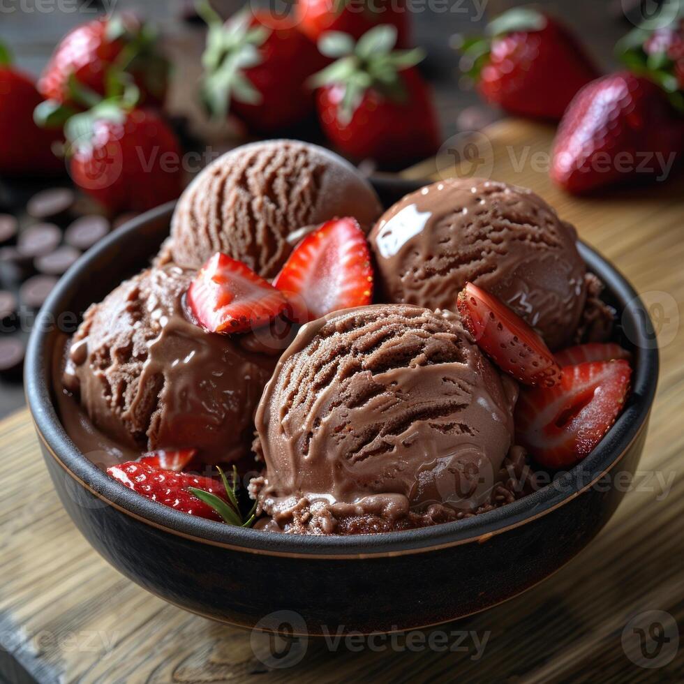 Close-up of a bowl of rich chocolate ice cream topped with fresh strawberries photo