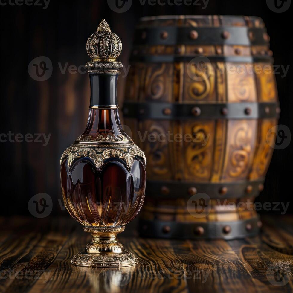 A gold and glass perfume bottle sits in front of a wooden barrel photo