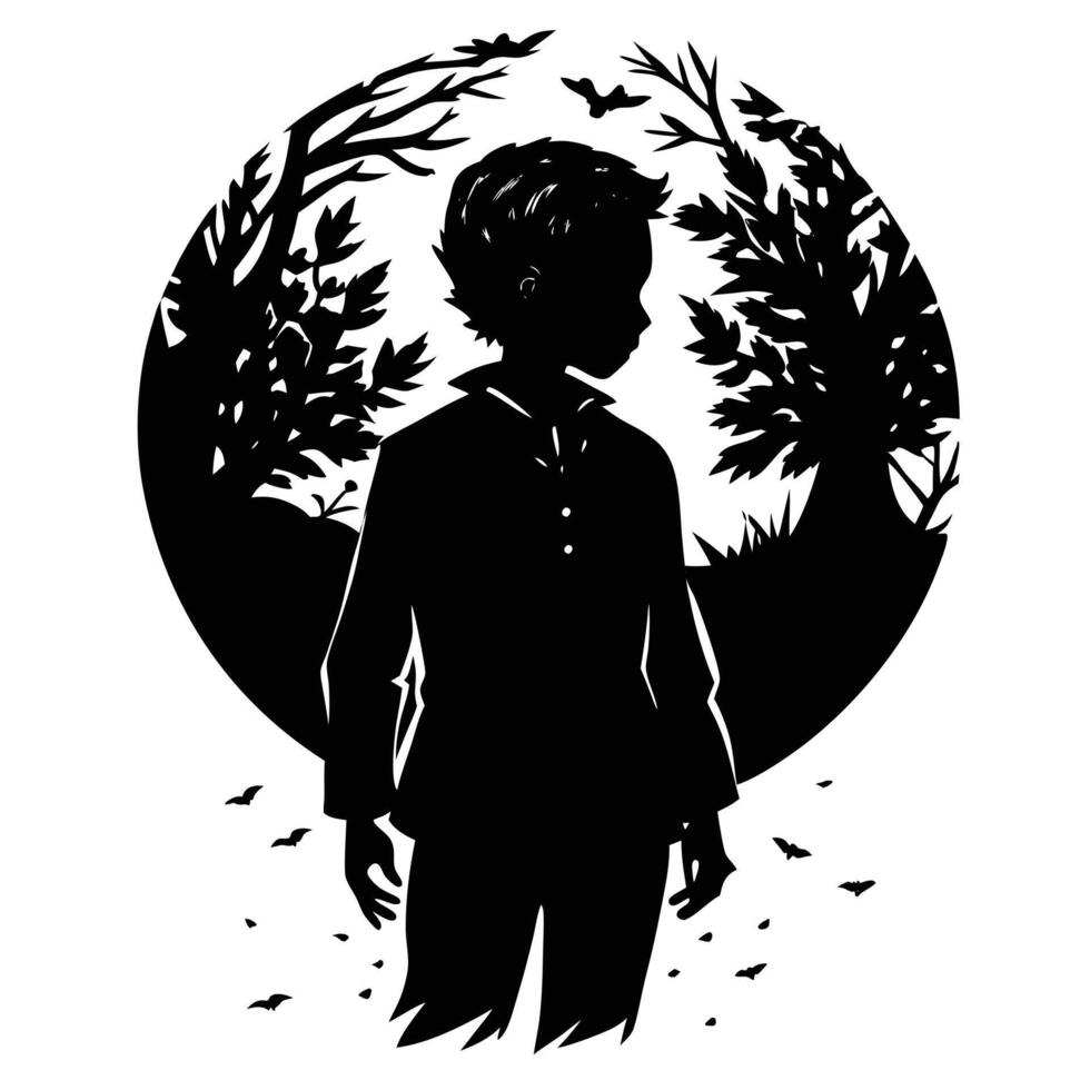 A silhouette of a boy standing in the woods vector