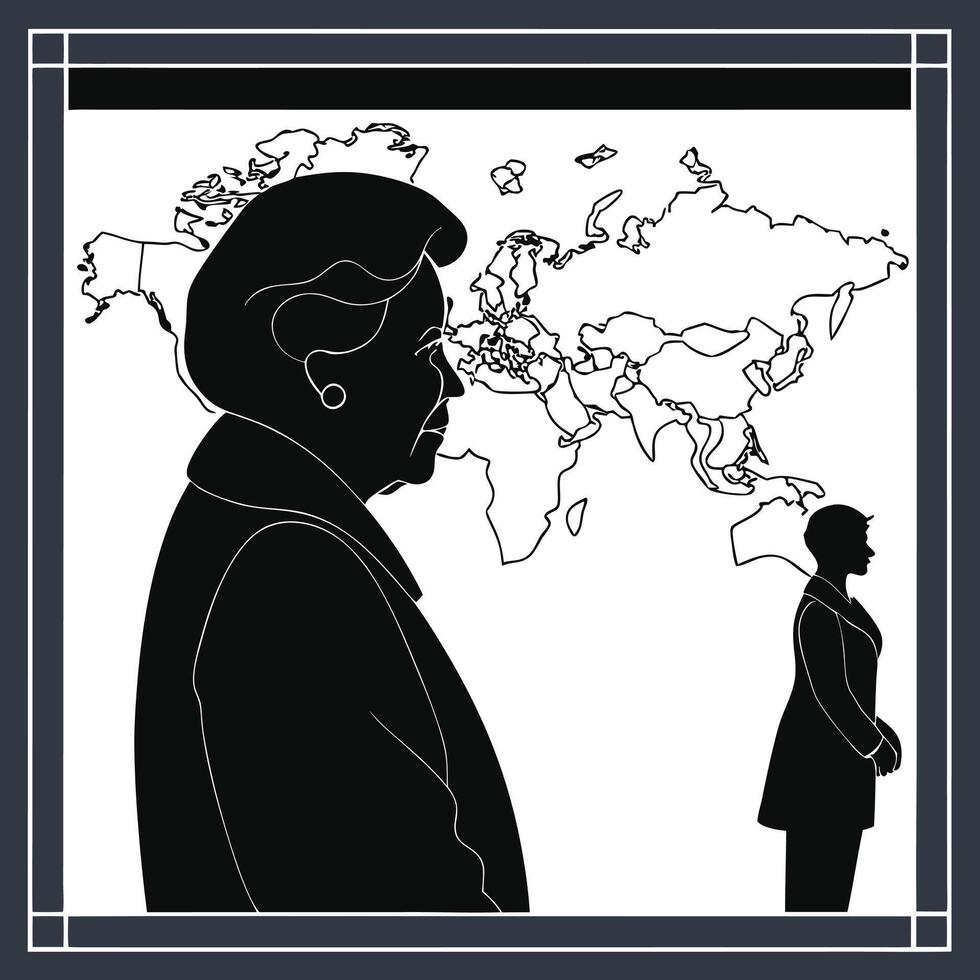The world map is in the background and the two people are standing vector