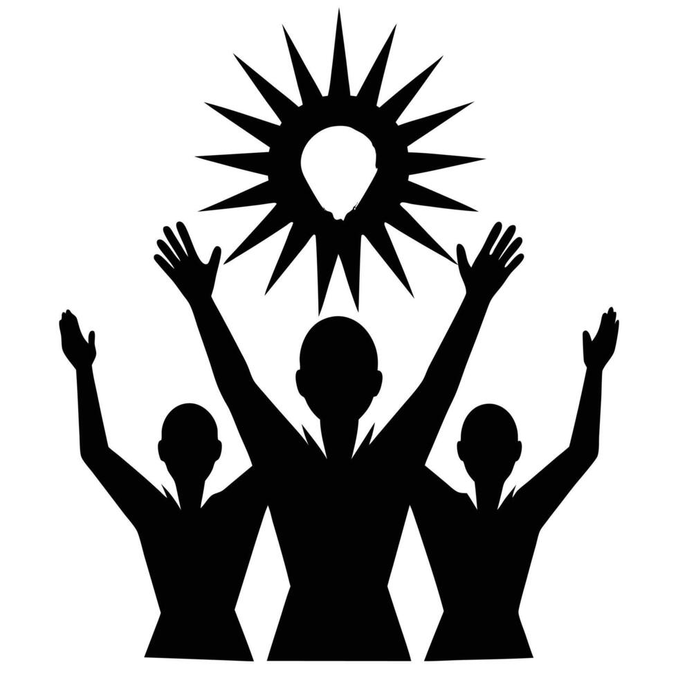 A silhouette of three people with hands up vector