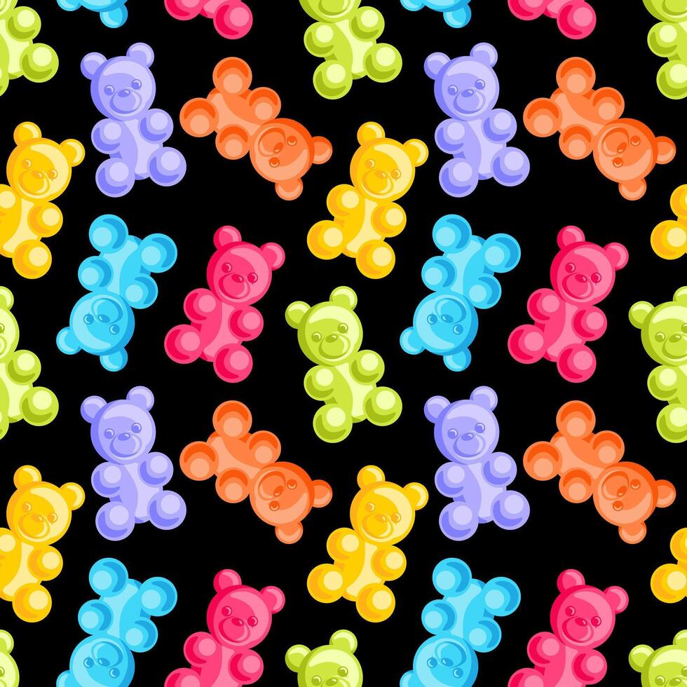delightful seamless pattern showcasing cheerful gummy bears in an array of vibrant colors. Perfectly arranged, whimsical candies add a playful touch, ideal for children s products, packaging, festive vector