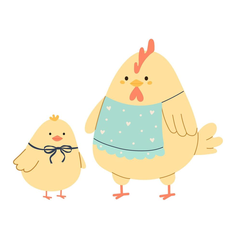 Chicken family, hen mother with yellow baby chick vector