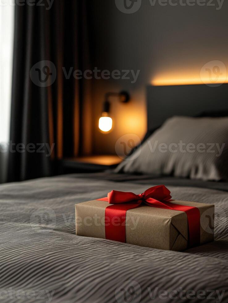 Gift wrapped in brown paper with red ribbon on a cozy bed at night photo