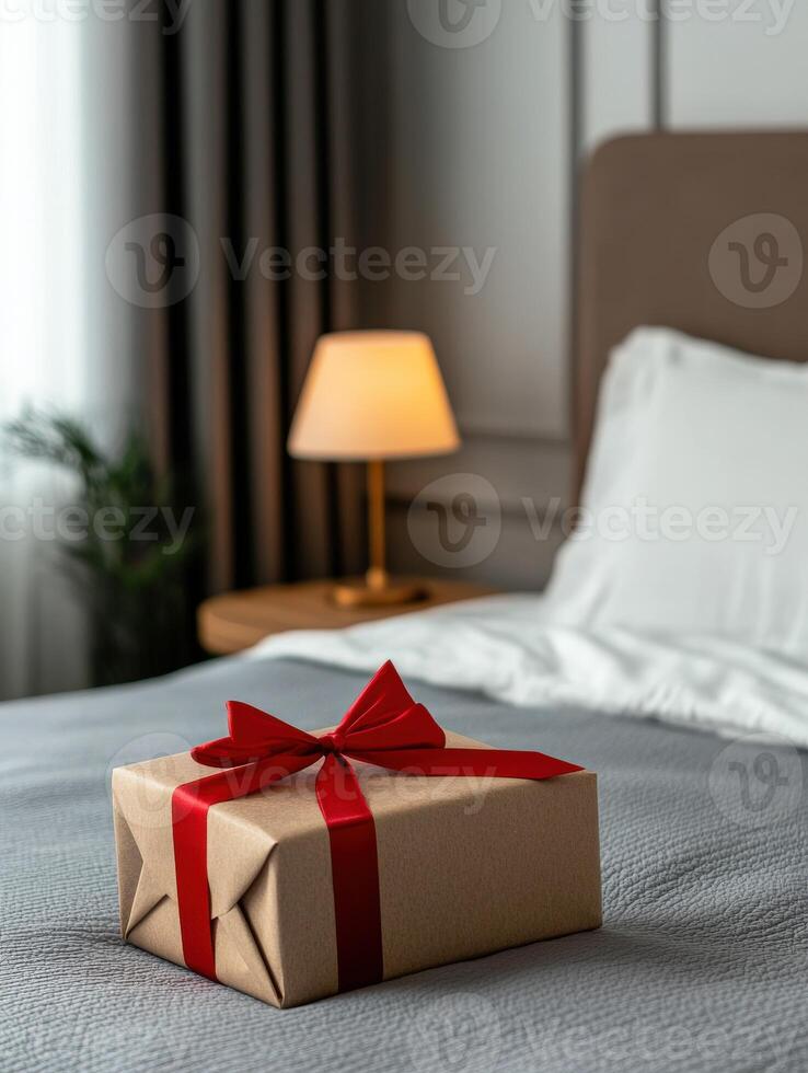 Gift wrapped in brown paper with red ribbon placed on bed in cozy bedroom photo