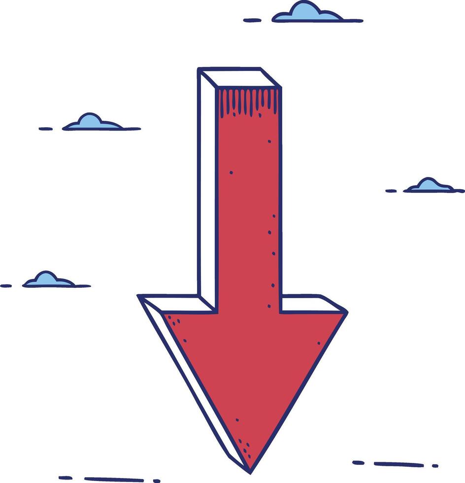 An arrow pointing down with clouds in the background vector