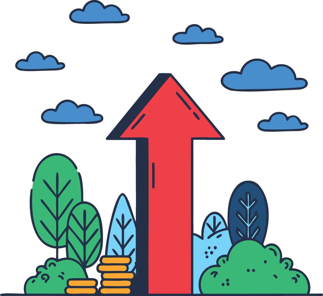 An arrow pointing up with money and trees vector