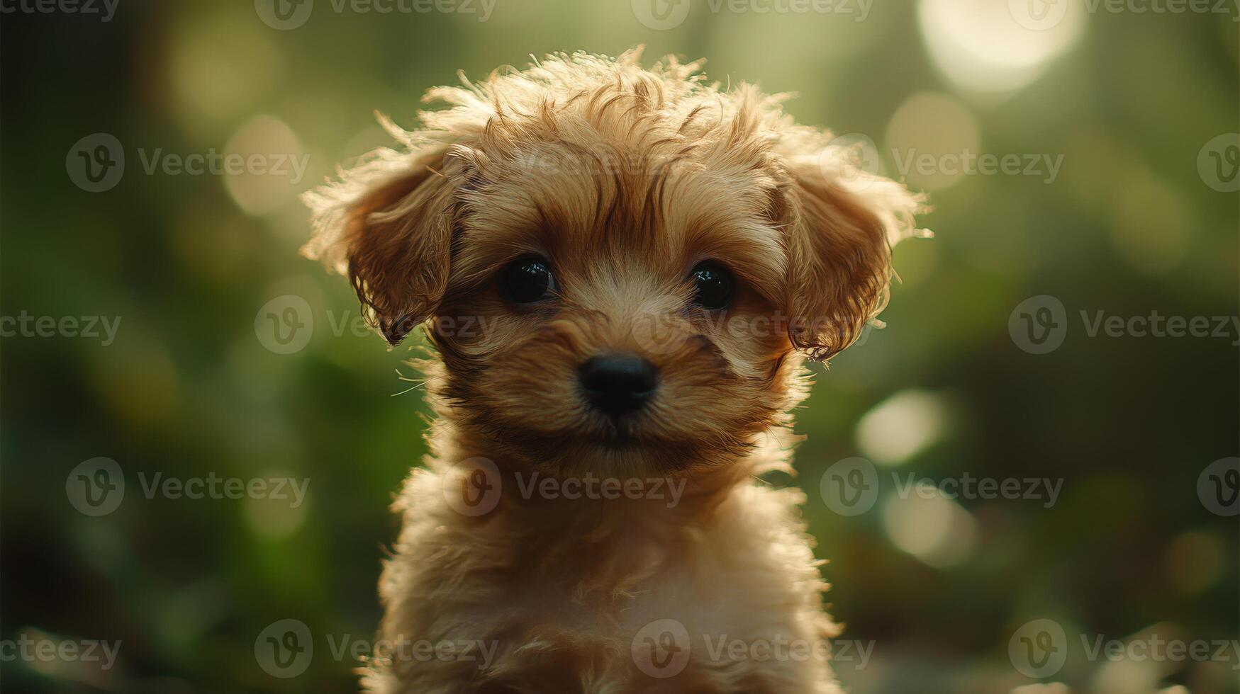Cute puppy with fluffy fur sitting in a natural green environment photo