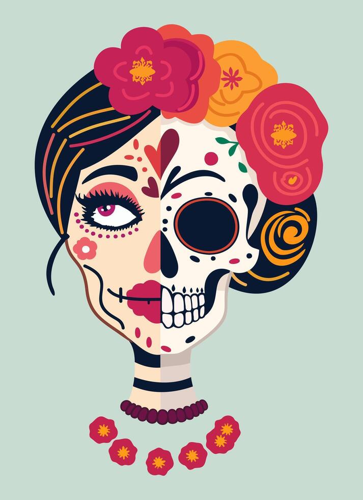 Woman sugar skull. Catrina head. Female face on one side and skull jn another. Mexican Day of the Dead. Cinco de Mayo. isolated illustration vector