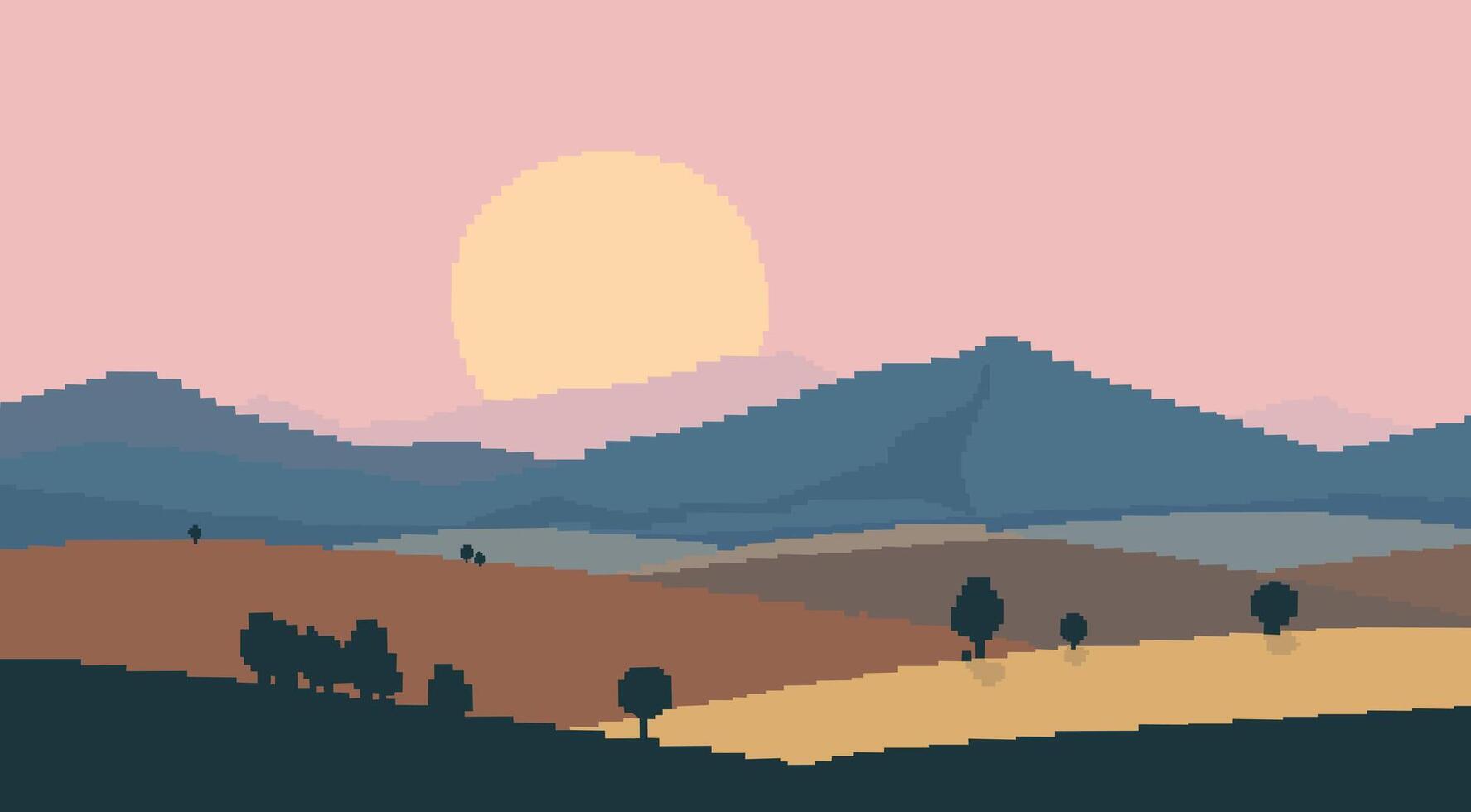 Sunrise in mountains. Pixel landscape. Vintage color palette vector