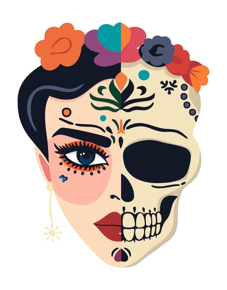 Catrina head. Female sugar skull. Female face on one side and skull jn another. Mexican Day of the Dead. Cinco de Mayo. isolated illustration vector