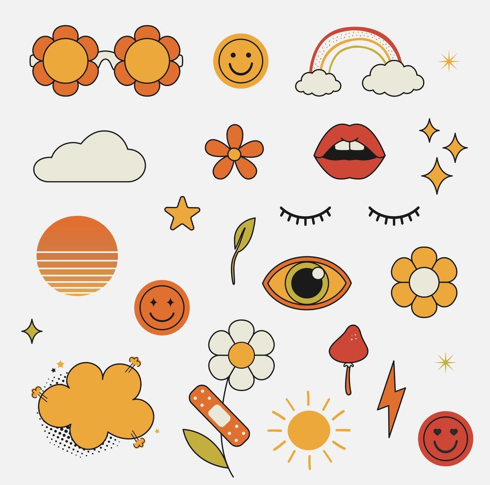 Groovy hippie 70s set. Funny cartoon flower, rainbow, love, heart, daisy, mushroom etc. Sticker in retro psychedelic cartoon style vector