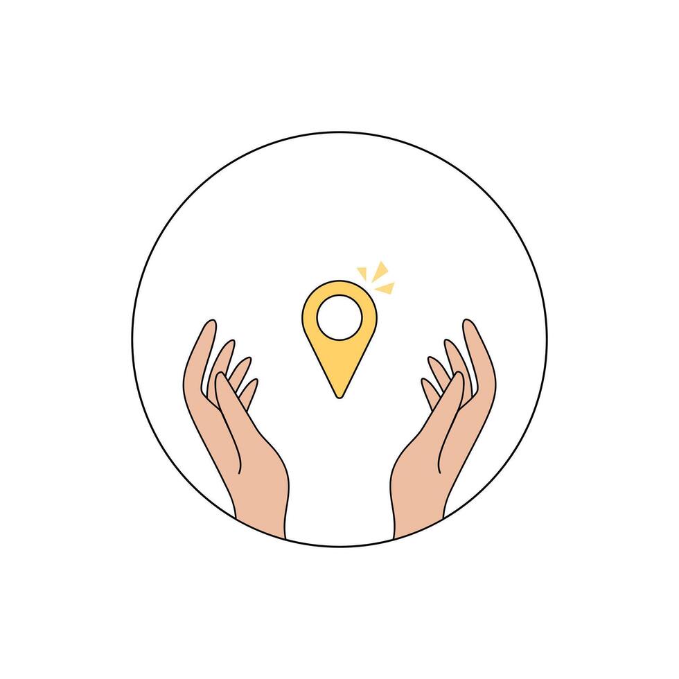 Hands holding a location pin icon with circular outline vector