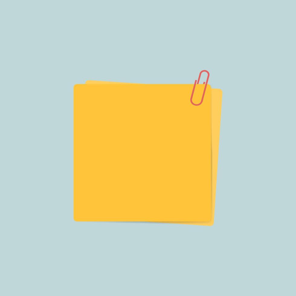 Yellow sticky notes with red paperclip on pastel blue background vector
