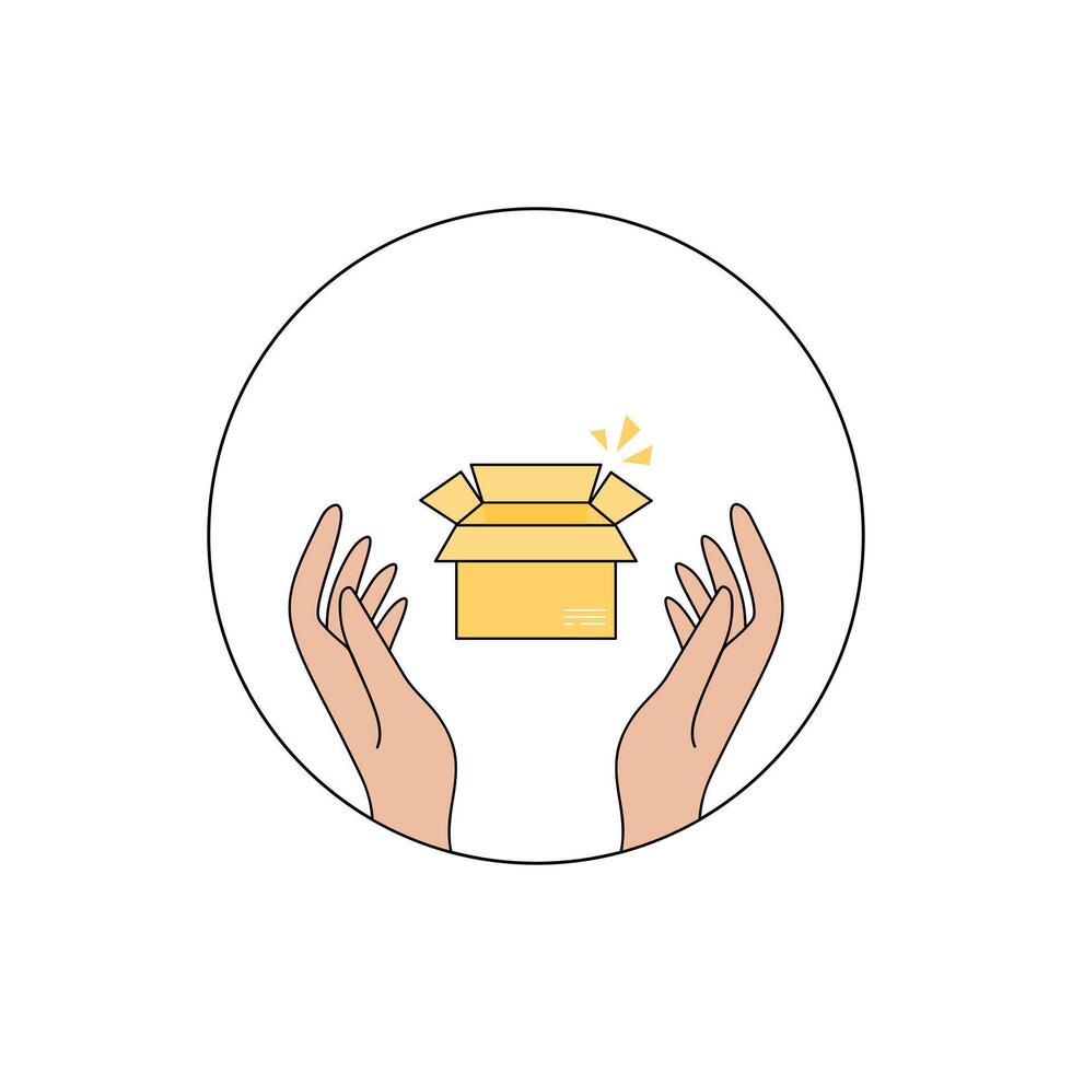 Hands holding open yellow box with sparkles in the shape of a circle vector