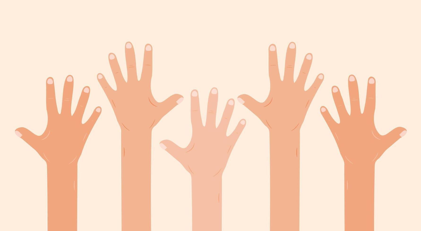 Raised hands illustration with diverse skin tones vector