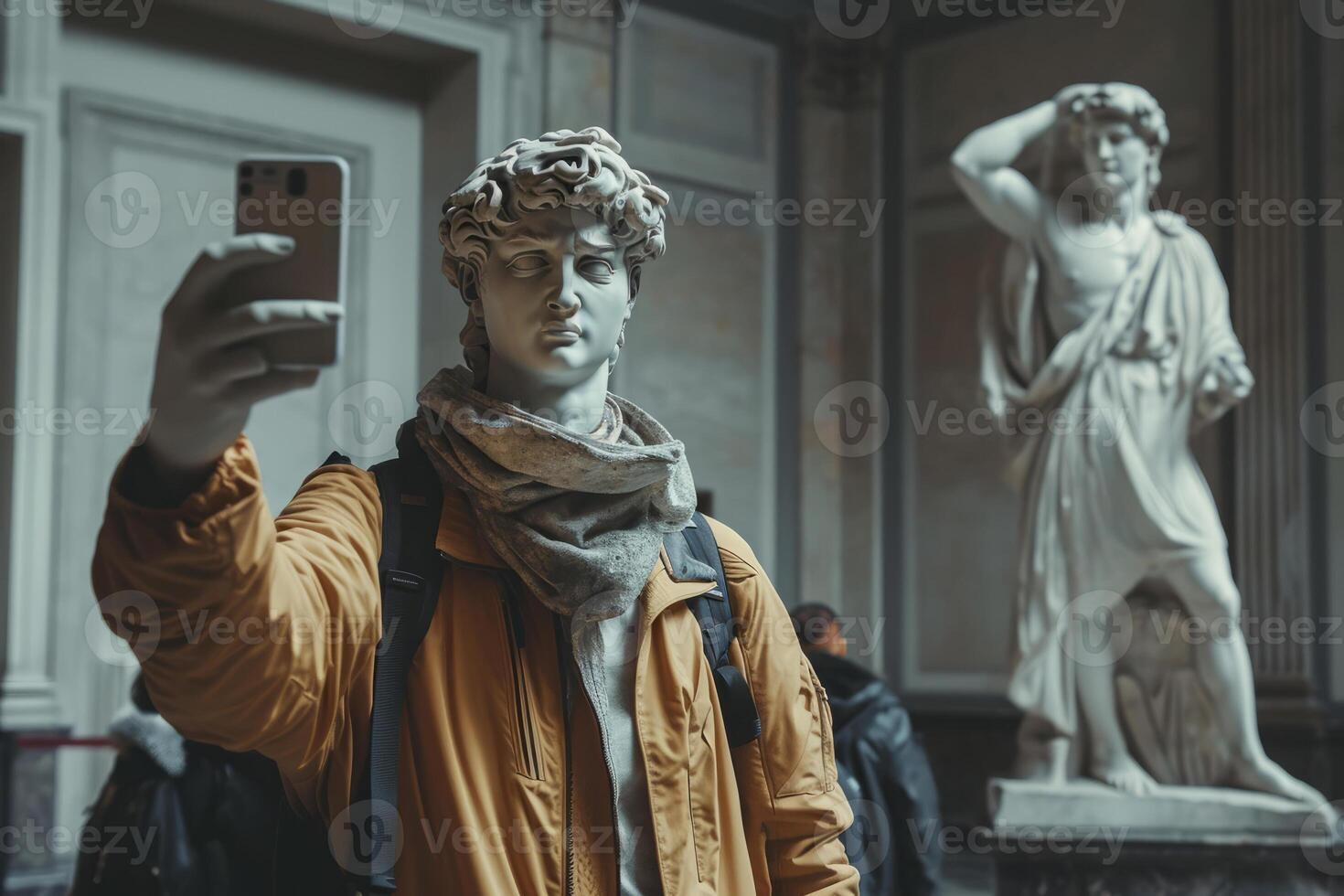 Statue wearing real clothes taking selfie in a museum with another statue, funny modern culture and tourism concept photo