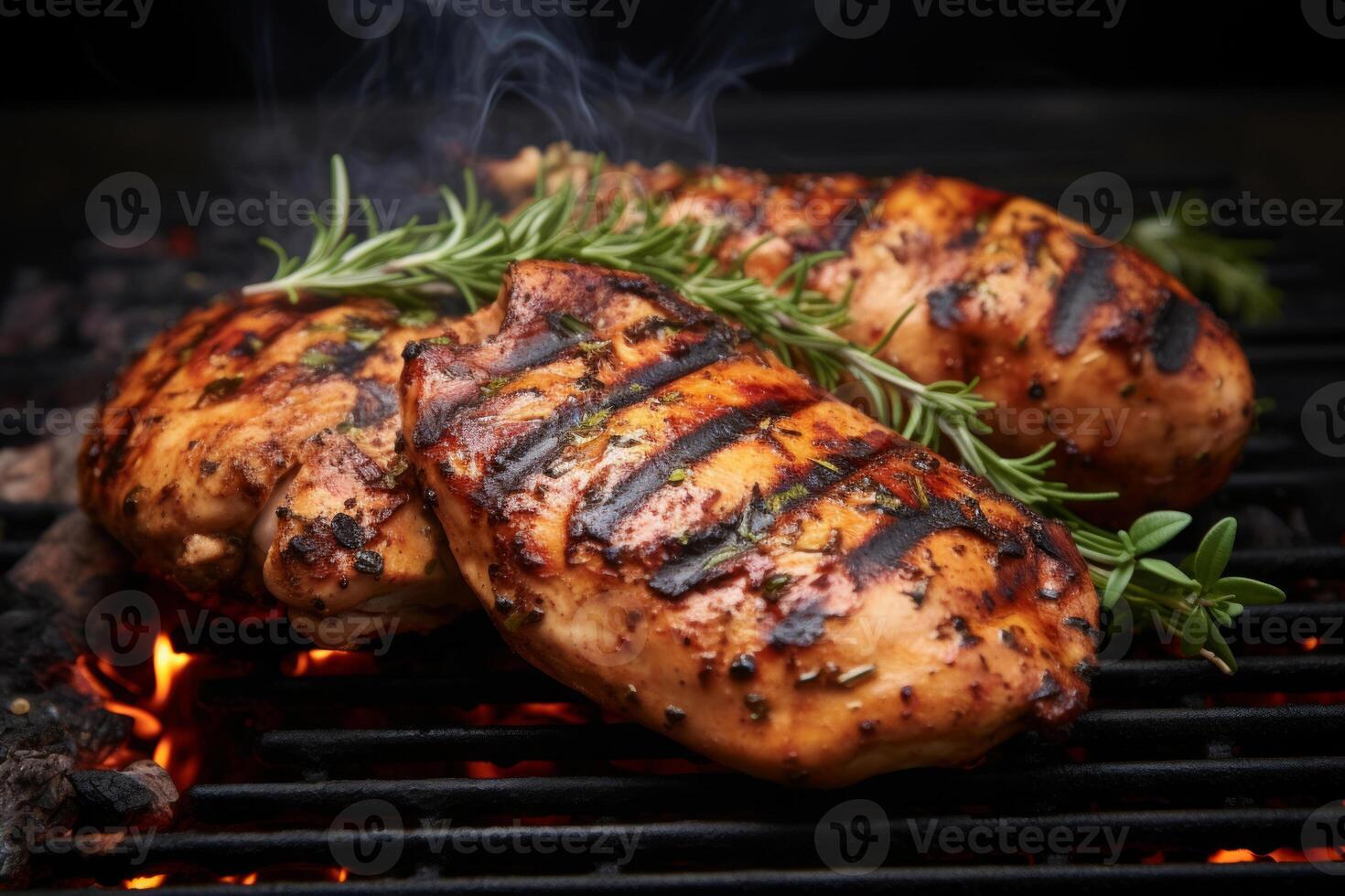 Grilled chicken on a grill grate with herbs, with grill marks photo
