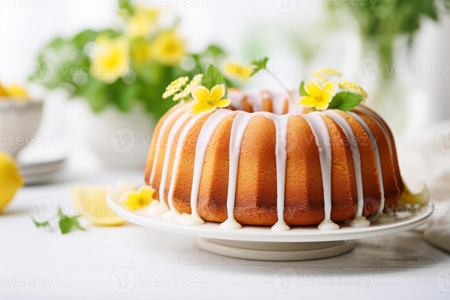 Lemon bundt cake with powdered sugar glaze on white table photo