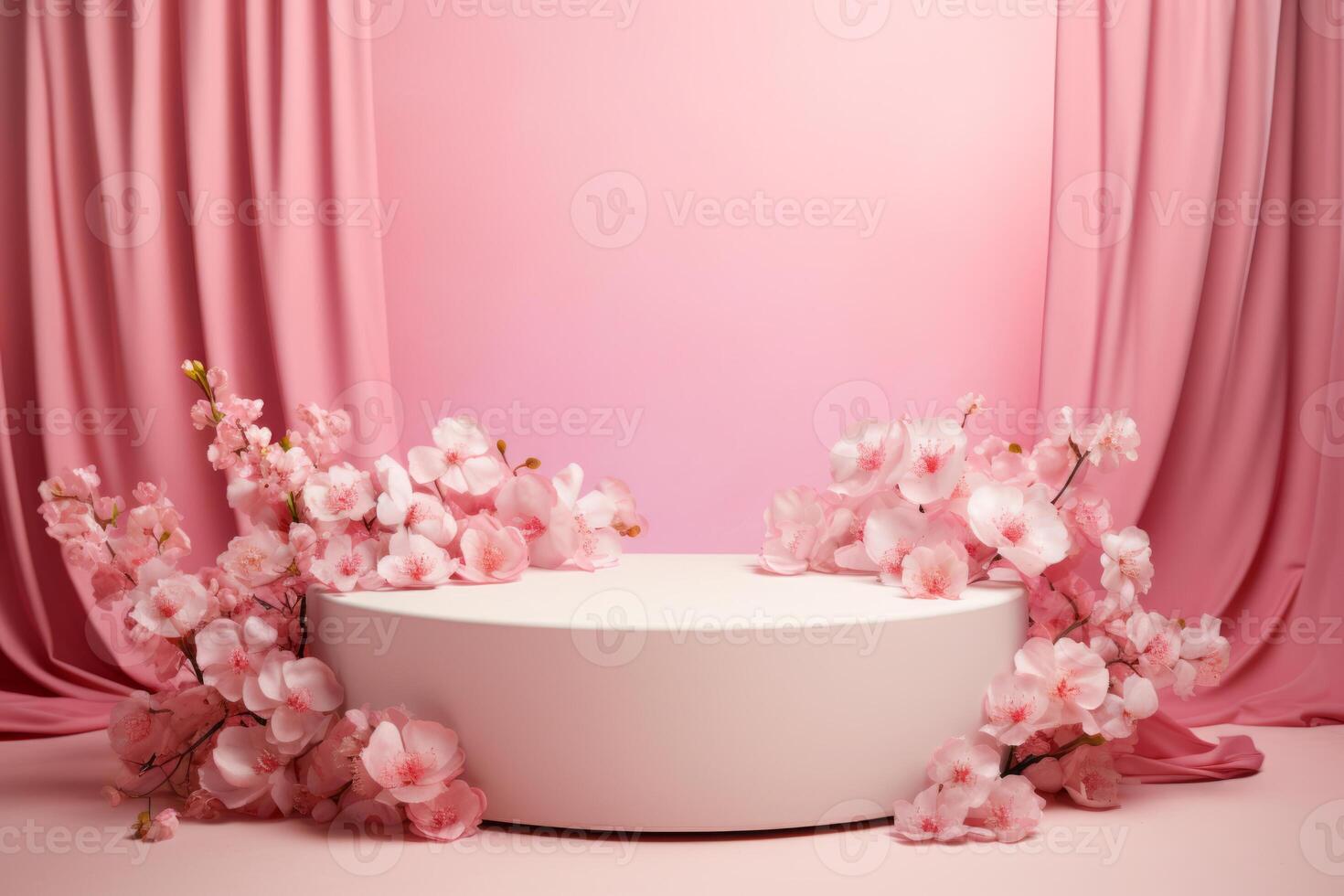 A white round table with pink flowers on it photo