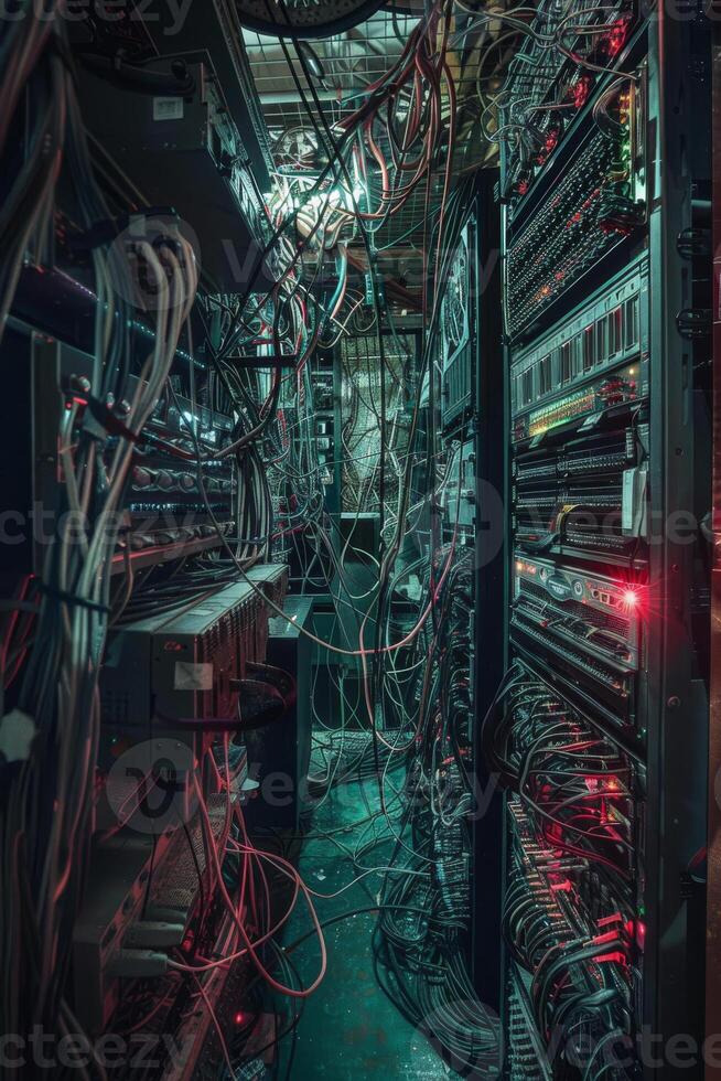 Complex server room wiring chaos photo