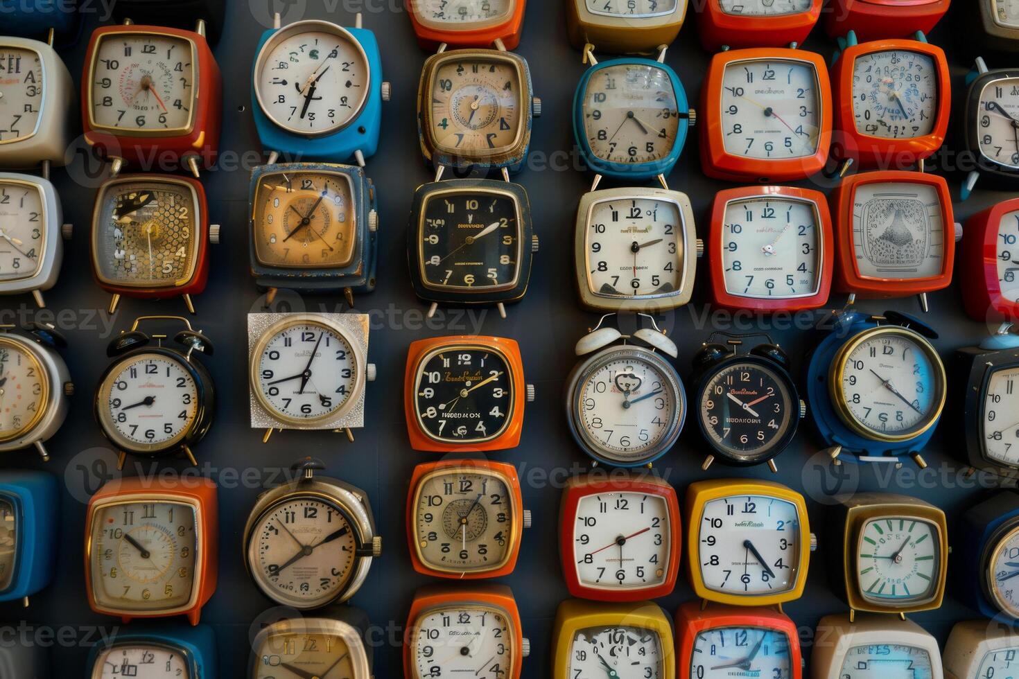 Many different types of clocks are displayed on a wall photo