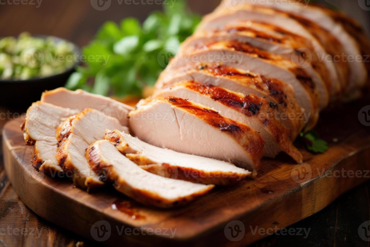 Roasted turkey breast, sliced on a cutting board served with broccoli photo