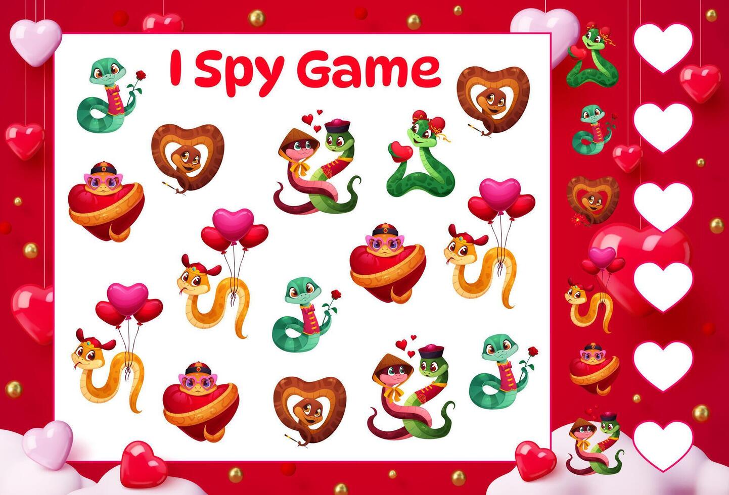 I spy game worksheet, valentines day funny snakes vector